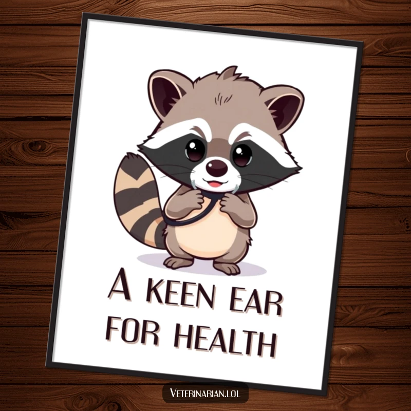 Funny raccoon digital art print, a determined raccoon polishing a stethoscope with a focused gaze, instant download for decor.