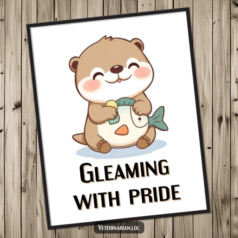 Funny digital art print of a joyful otter character cleaning a toy fish with a sponge, adding instant humor and charm.