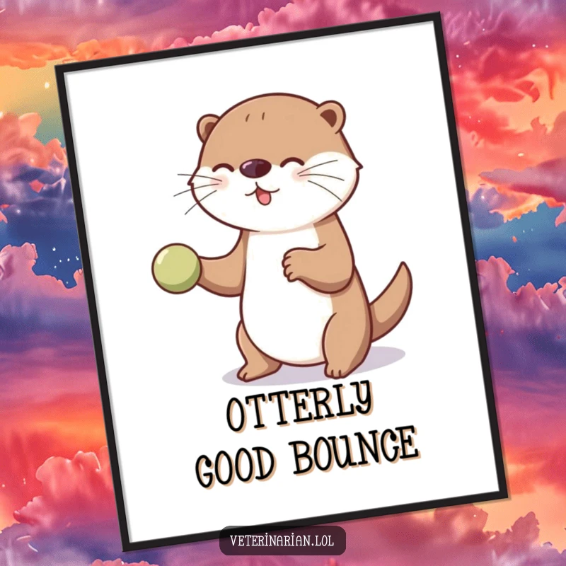 Funny playful otter digital art print of an otter bouncing a ball for an unseen patient, radiating cheerful therapy and joy.