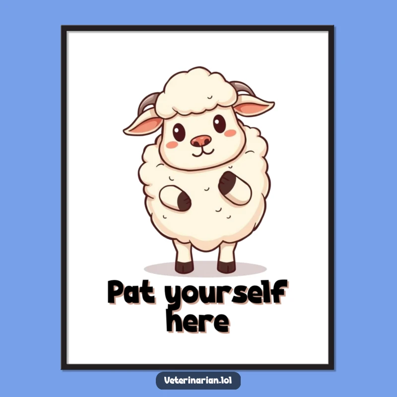 Funny Sheep Digital Art: Proud Cartoon Sheep Comforting Pat Wall Art, Unique Funny Gift
