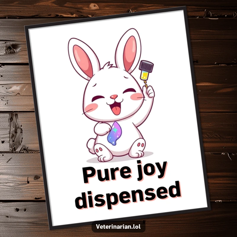 Funny digital art print of a delighted cartoon bunny administering a colorful, sparkling liquid from a dropper.
