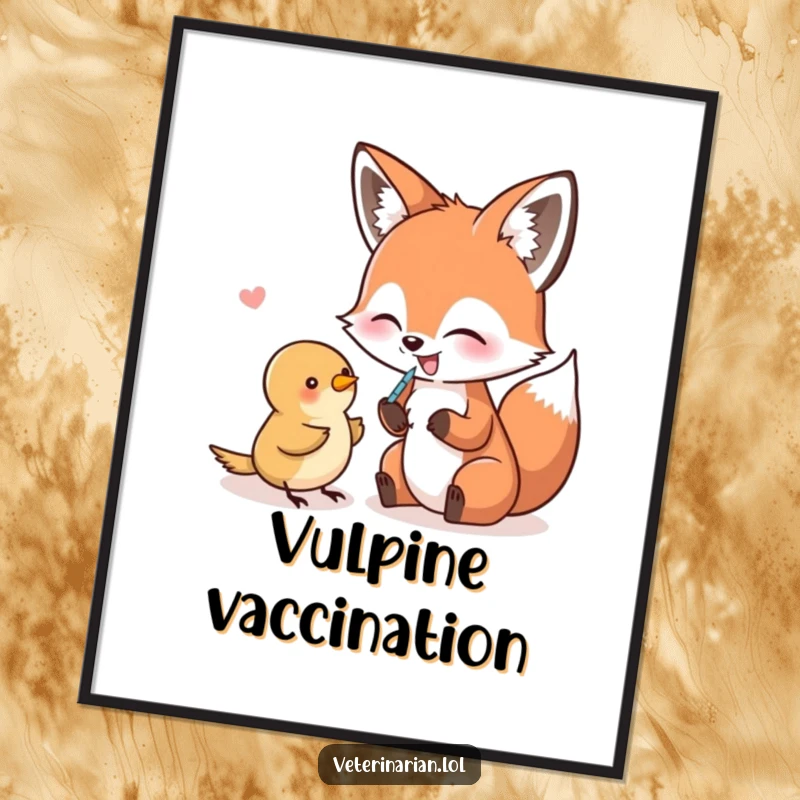 Funny Digital Art Print of a giggling fox pretending to give a bird a shot, radiating quirky humor.