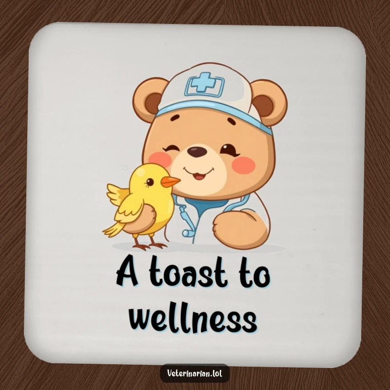 Funny bear vet coasters, showing a smiling bear doctor with a cap, gently examining a small bird. Protects surfaces with charm.