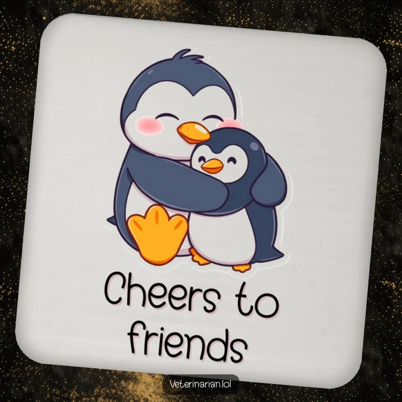 Funny drink coasters with a goofy penguin character hugging a stuffed penguin, adding a cute and humorous touch to any table.