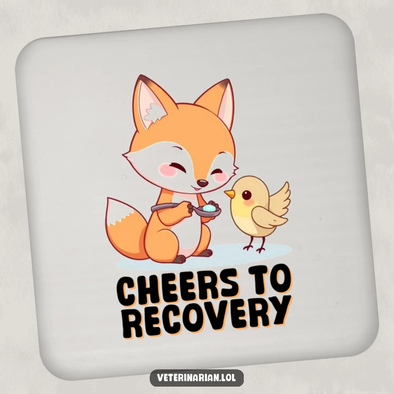 Funny fox character offering medicine to a tiny bird on a drink coaster, great funny gift.
