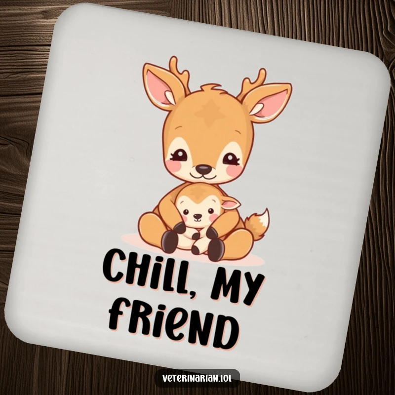 Funny gentle deer coasters showing a deer cradling a small animal with a soothing pat and a calm expression.