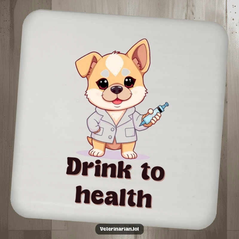 Funny brave dog vet coasters showing a dog in a white coat holding a syringe with a determined look.