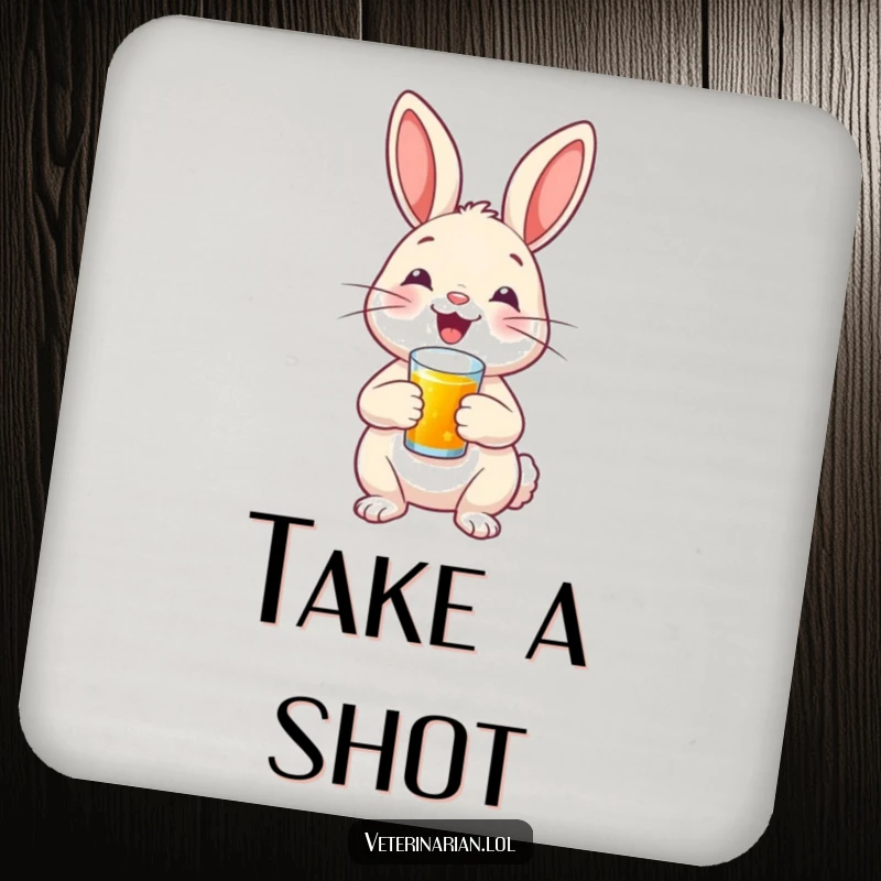 A happy bunny with a proud smile administers a tiny shot, depicted on a drink coaster for surface protection.