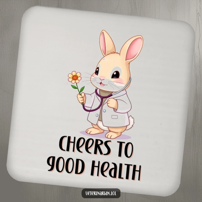 Funny bunny vet coasters, showing a cute doctor bunny with stethoscope caring for a flower. Protects surfaces with charm.