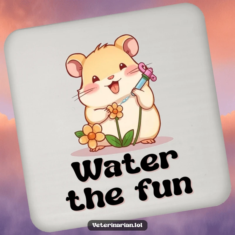Funny hamster character tending a wilting flower with a tiny syringe on a drink coaster, great funny gift.