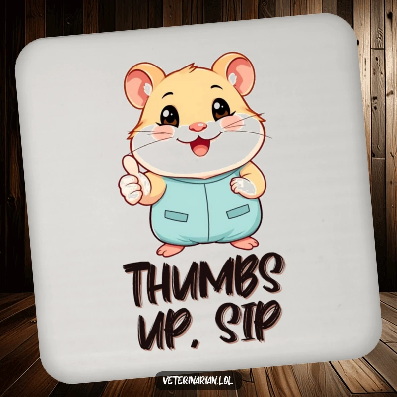 Funny drink coaster featuring a smiling hamster in tiny scrubs giving a cheerful thumbs-up, protecting surfaces with humor.
