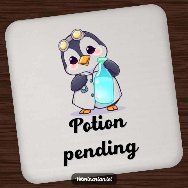 Funny drink coaster featuring a playful penguin in a medical coat curiously poking a glowing vial, protecting surfaces with humor.