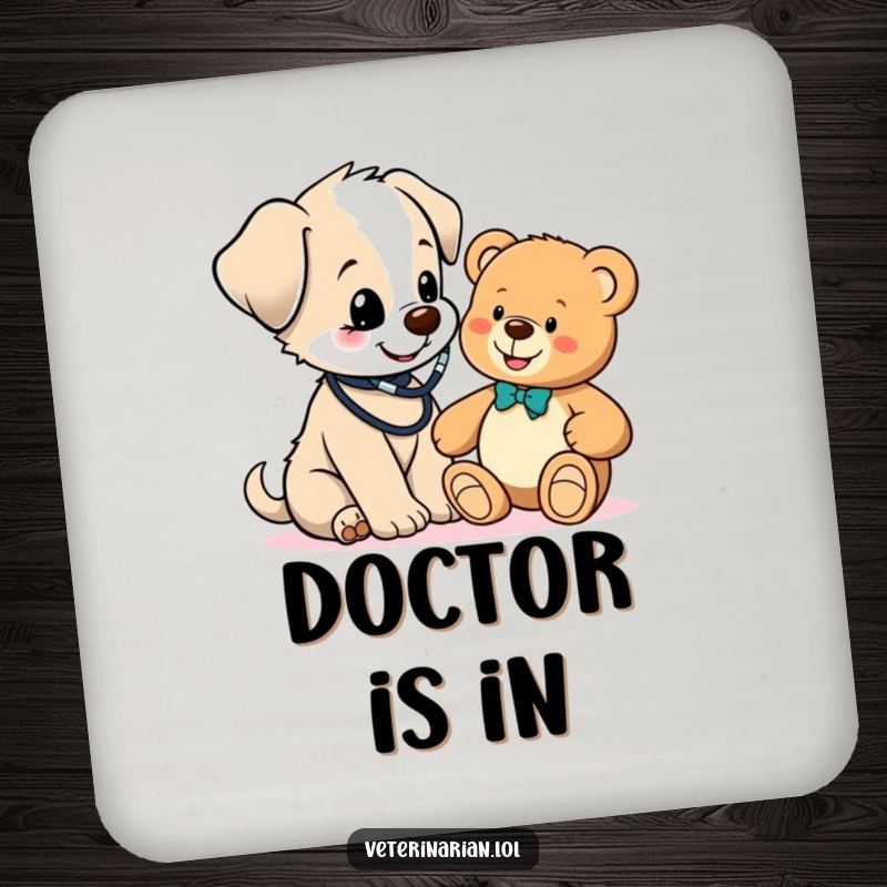 Funny cute puppy vet coaster, a puppy doctor with stethoscope gives a teddy bear a check-up, adding humor and protection to surfaces.