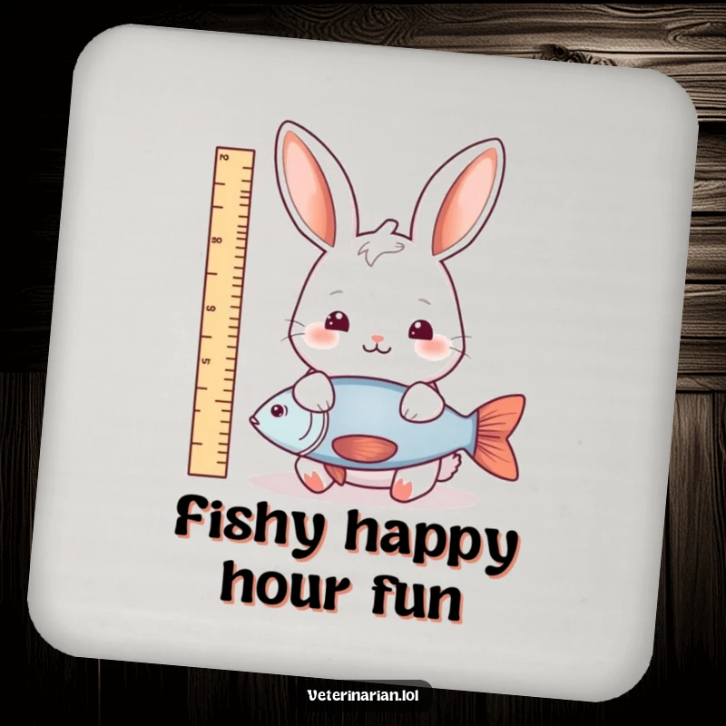 Funny rabbit fish measure coaster depicting a gentle rabbit measuring a fish, offering surface protection with a side of natural, whimsical humor.