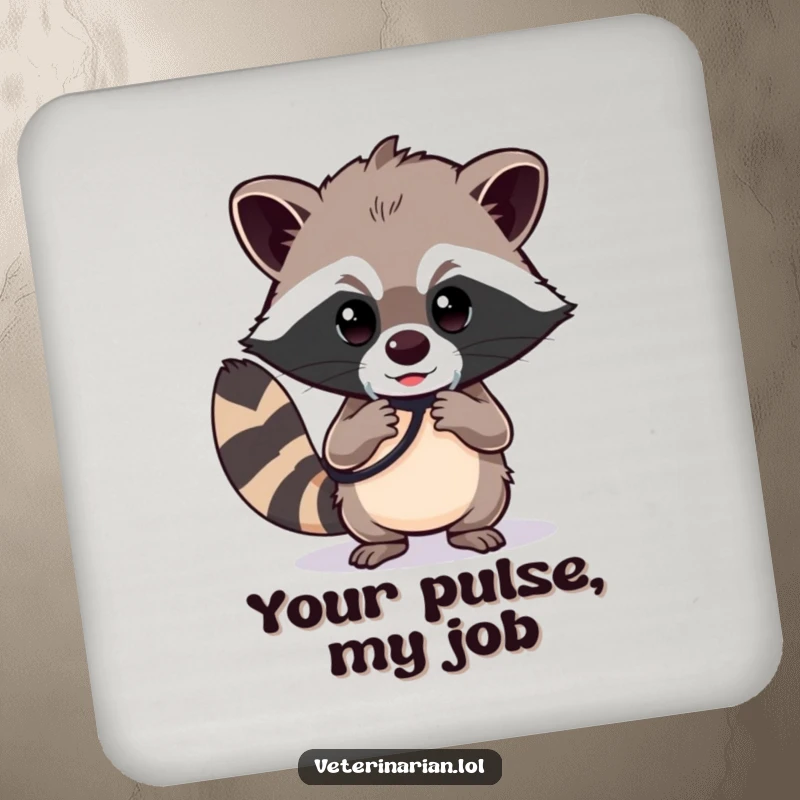 Funny raccoon drink coaster, a determined raccoon polishing a stethoscope with a focused gaze, protects surfaces with focus.