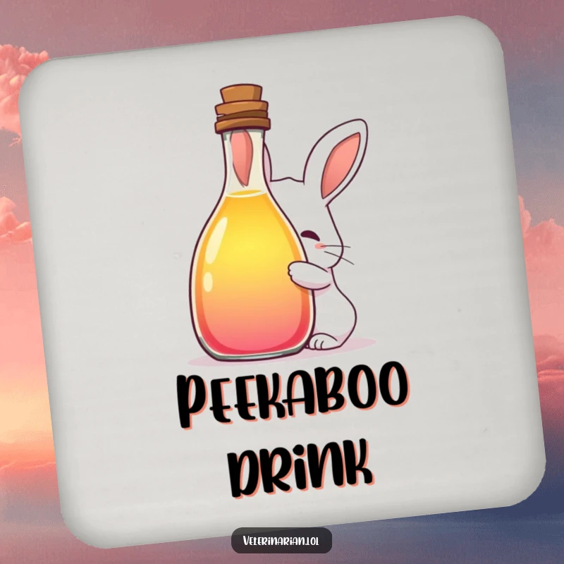 Funny drink coaster with a shy rabbit peeking from a large bottle of colorful liquid, adding a whimsical and mysterious touch to any surface.