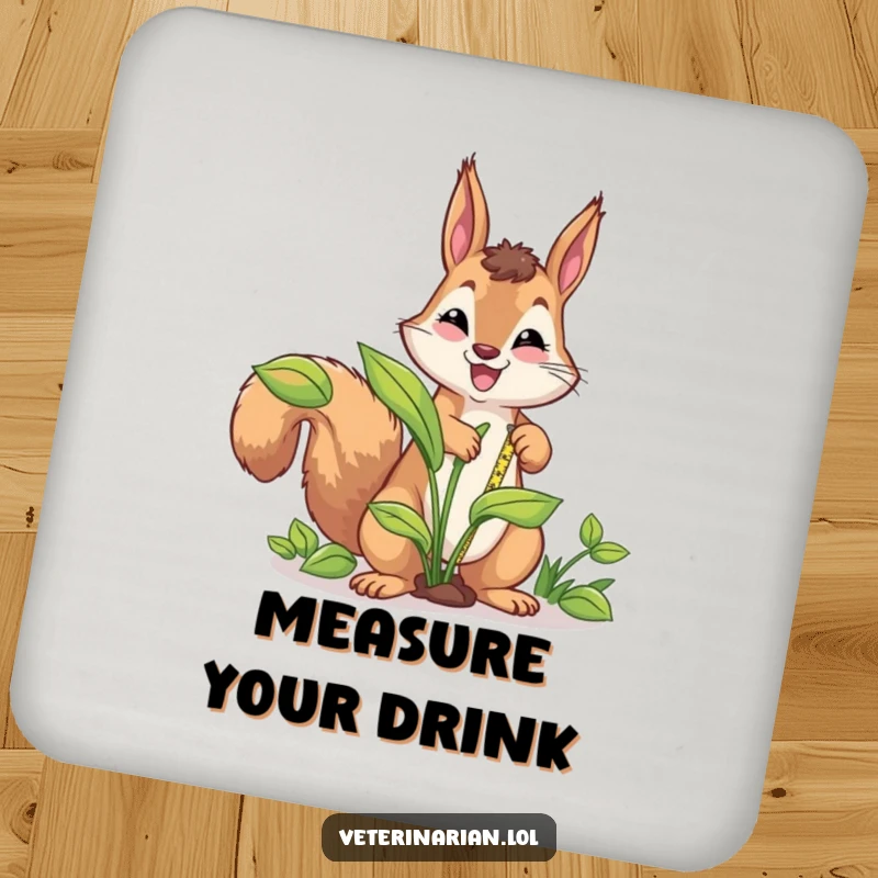 Funny energetic squirrel coaster, a squirrel measures a plant with a tape measure, adding humor and protection to surfaces.
