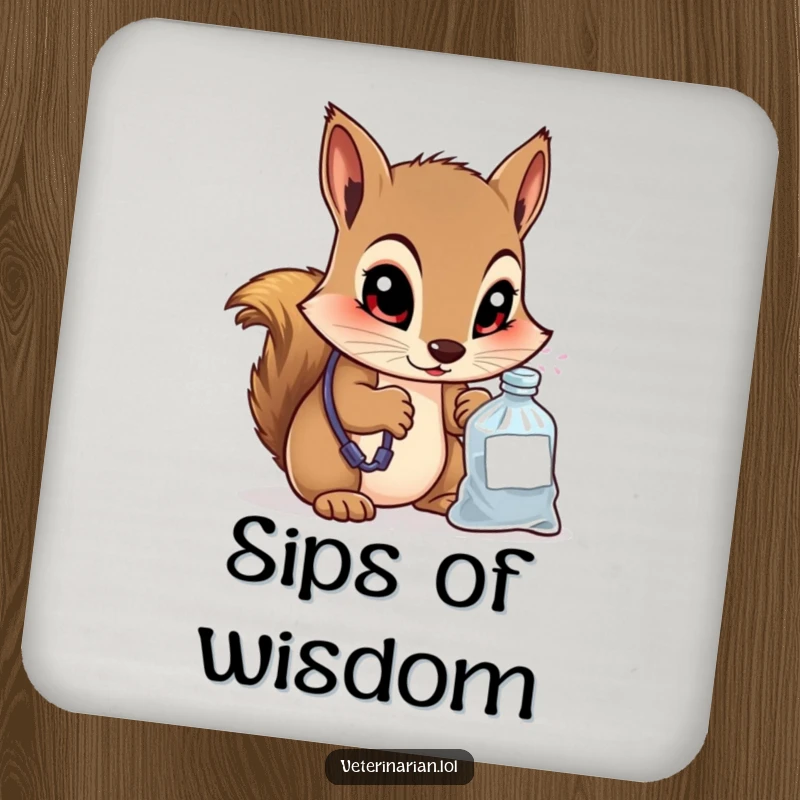 Funny drink coaster with a curious squirrel vet peering into a small medicine bag with wide, knowing eyes, a cute and protective accessory.