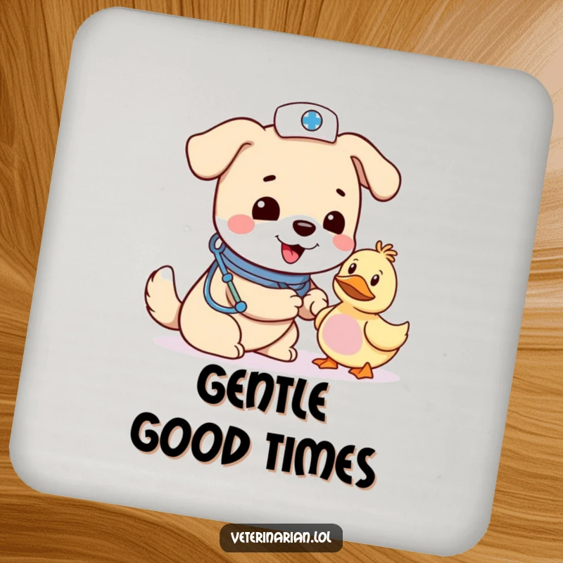 Funny dog vet coaster, a cheerful dog nurse bandages a toy duck with a concerned, loving expression on its face.