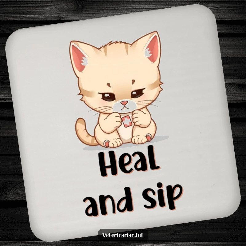 Funny drink coaster set featuring a determined cartoon kitten doctor gently examining a very small bandage.