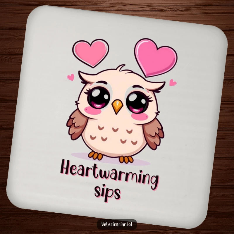 Funny Owl Coaster: Surprised cartoon owl gazing at a heart icon, protecting surfaces with humor, a charming funny gift.