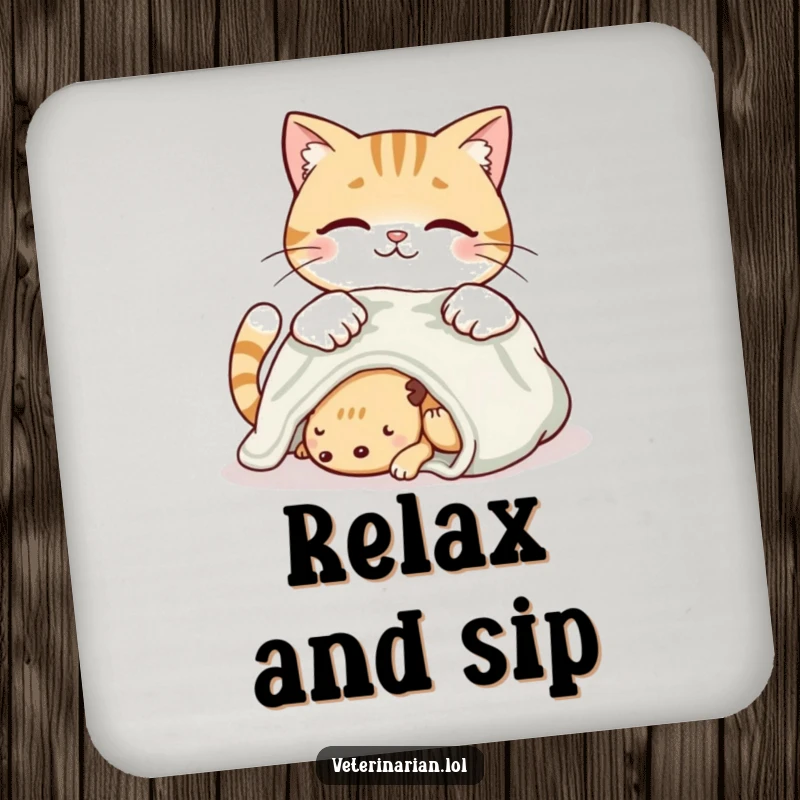 Funny smiling cat coasters showing a cat placing a soft blanket on a resting creature with loving care.