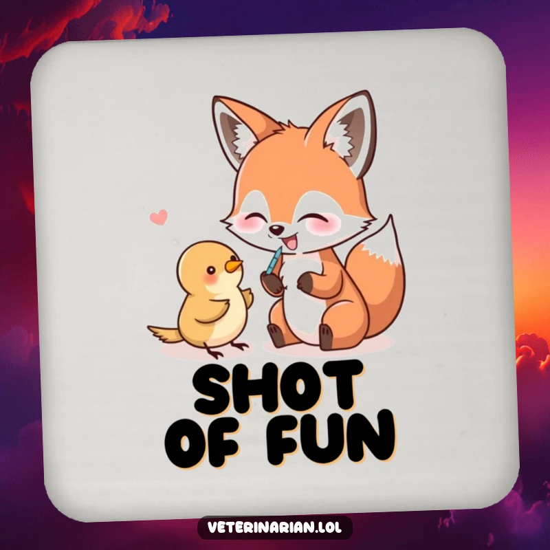 Funny Drink Coaster featuring a giggling fox pretending to give a bird a shot, adding quirky humor to drinks.