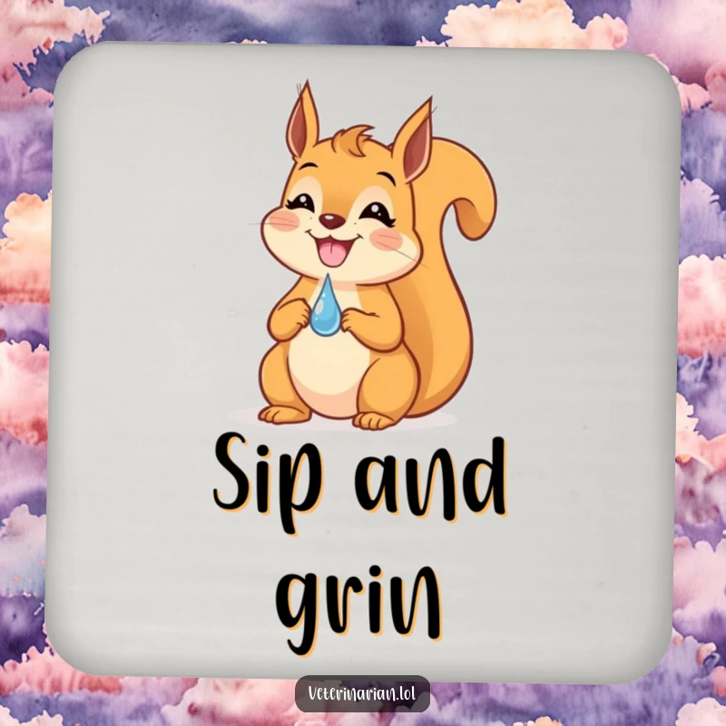 Funny Squirrel Dropper Coaster: A coaster depicting a happy squirrel grinning while balancing a tiny dropper on its nose.