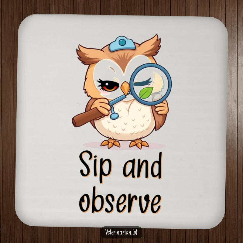 Funny drink coaster with a winking owl vet examining a tiny leaf with a magnifying glass, a cute and protective accessory.