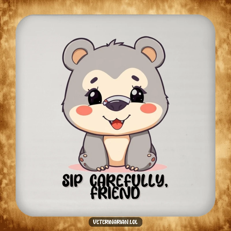 Funny bear cub drink coasters with a curious cub wearing a nose bandage and smiling bravely, protecting surfaces with humor.