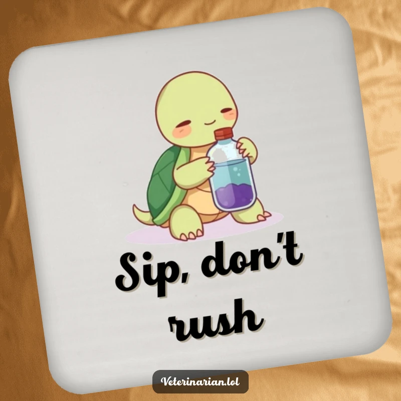 Funny coaster featuring a serene turtle offering a potion bottle with a gentle, encouraging nudge.