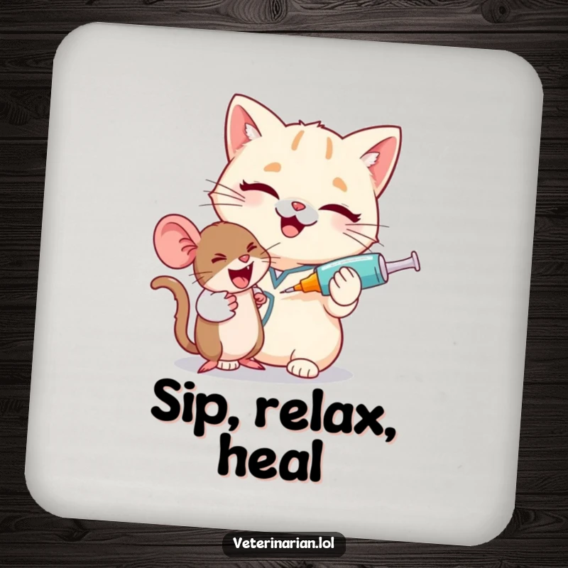 Funny cat vet coaster, a giggling cat vet winks, humorously holding a big syringe for a tiny, happy mouse.