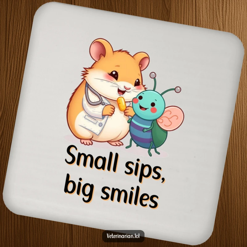 Funny drink coaster with a happy hamster vet giving a vitamin pill to a toy bug, a cute and protective accessory.