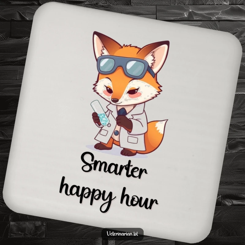 Funny drink coaster with a fox in a lab coat carefully examining a tiny, sparkling test tube.