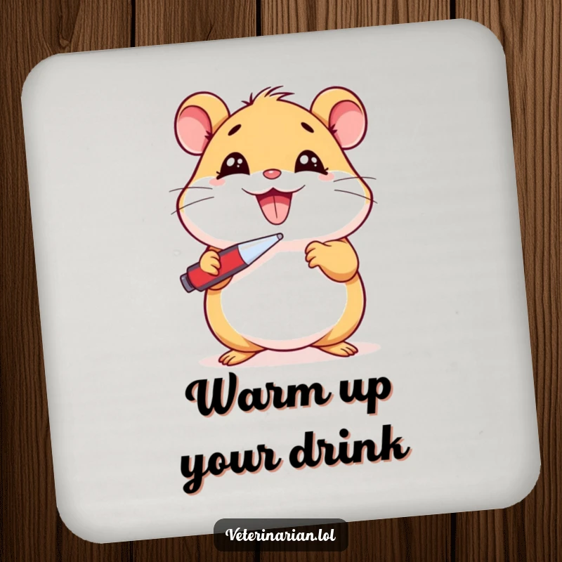 Funny Hamster Coaster: Cartoon hamster holding a thermometer, indicating illness, protecting surfaces with humor, a charming funny gift.