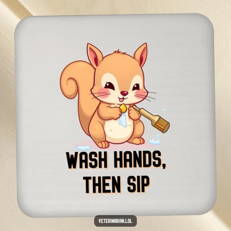 Funny squirrel coaster featuring a character meticulously scrubbing paws, a small but humorous hygiene accessory.