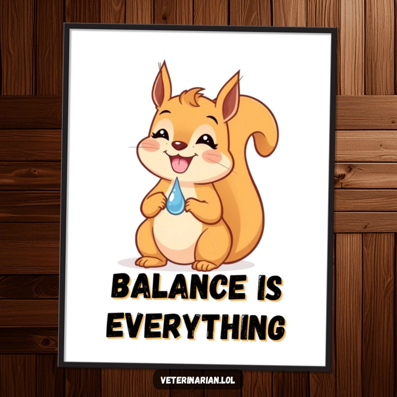 Funny Squirrel Dropper Poster: An illustration of a grinning squirrel with exceptional balance, holding a tiny dropper on its nose.