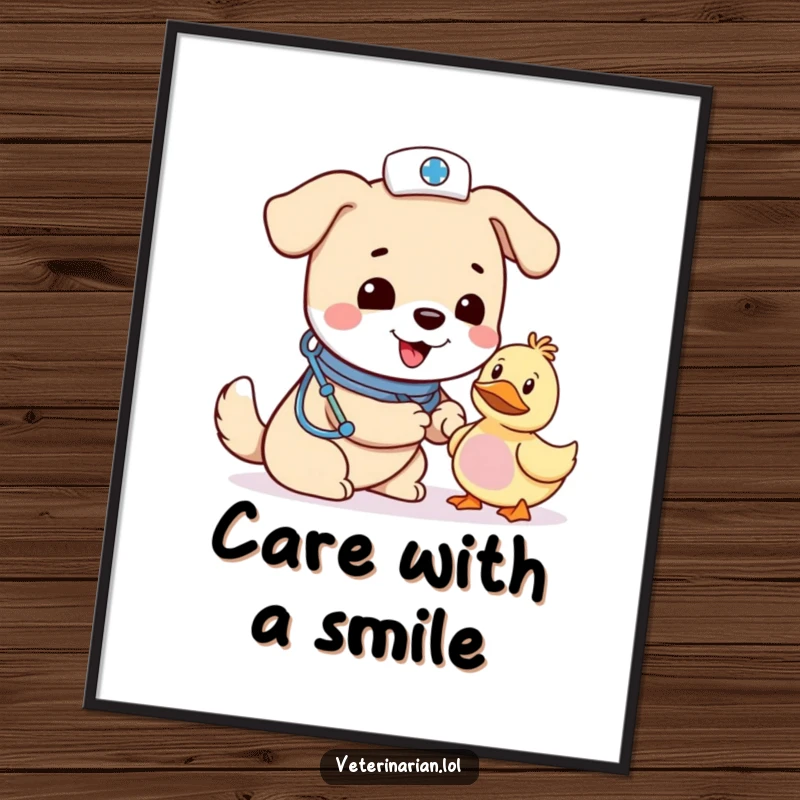 Funny dog vet poster, a cheerful dog nurse in a small hat bandages a toy duck with a look of tender concern.