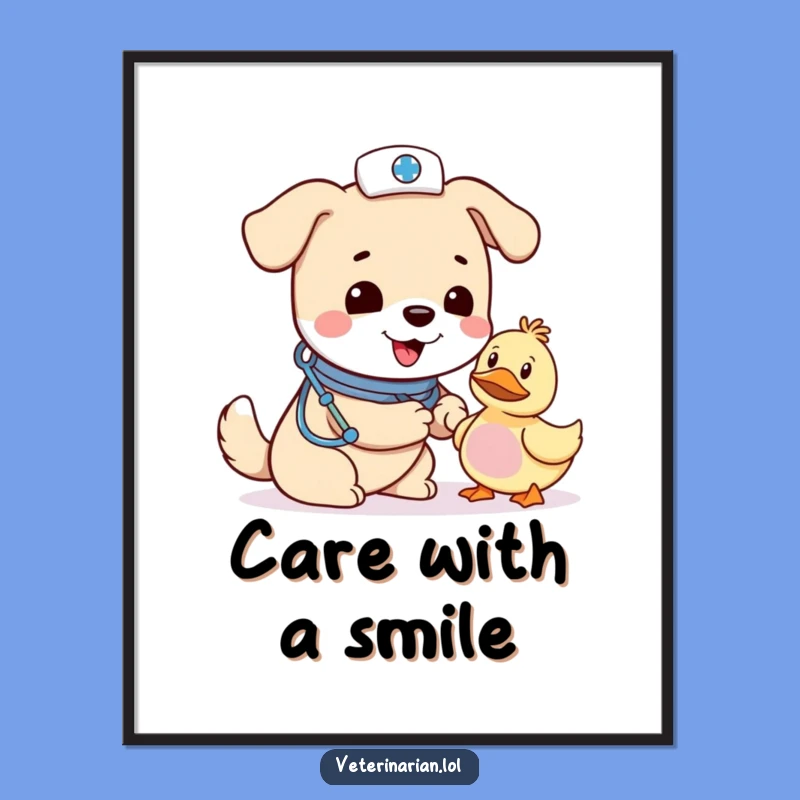 Funny Dog Vet Poster: Caring Canine & Duck Art, Hilarious Room Decor Gift