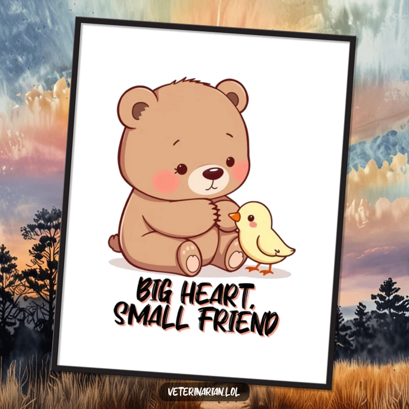 Funny poster print of a gentle bear patting a small, timid bird, symbolizing comfort, friendship, and quiet support.