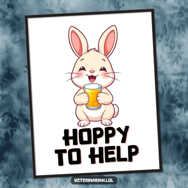 A happy bunny with a proud smile administers a tiny shot, depicted as a heartwarming wall poster.