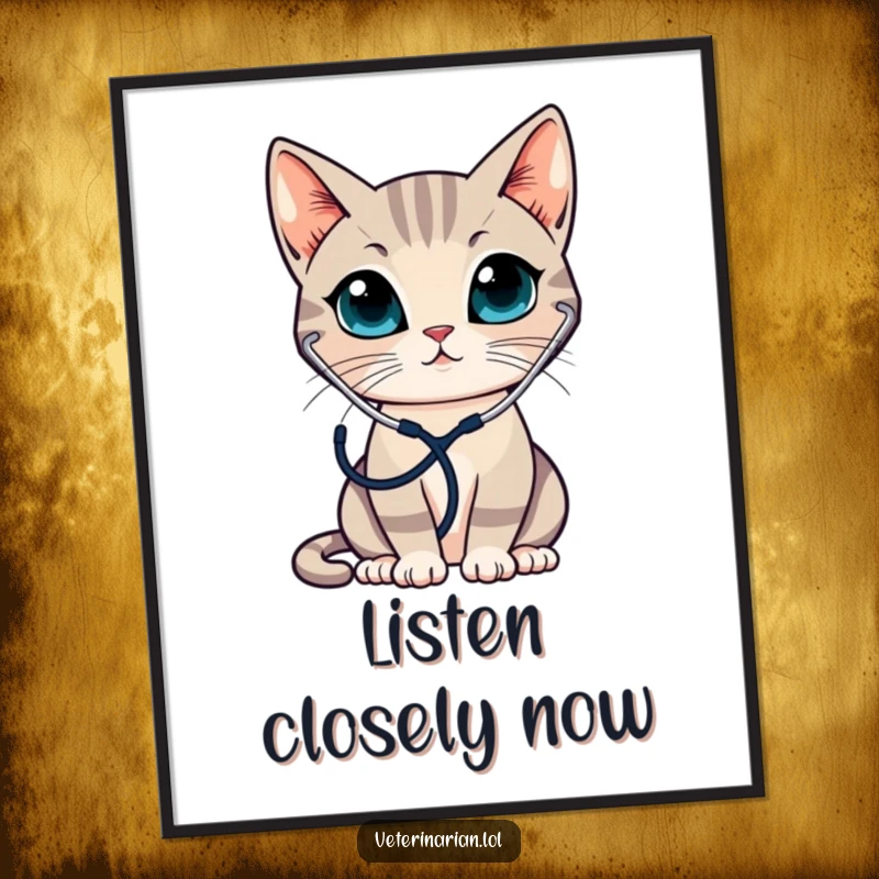 Funny poster showcasing a sleek cat wearing a stethoscope, attentively listening, perfect for sophisticated and humorous wall art.