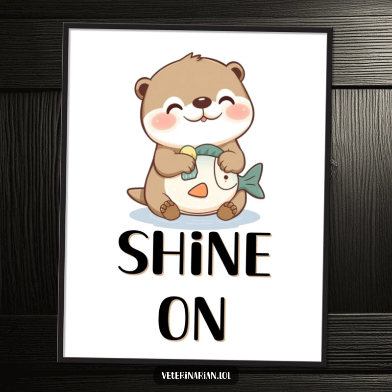 Funny poster featuring a joyful otter character cleaning a toy fish with a tiny sponge, creating a humorous and charming scene.