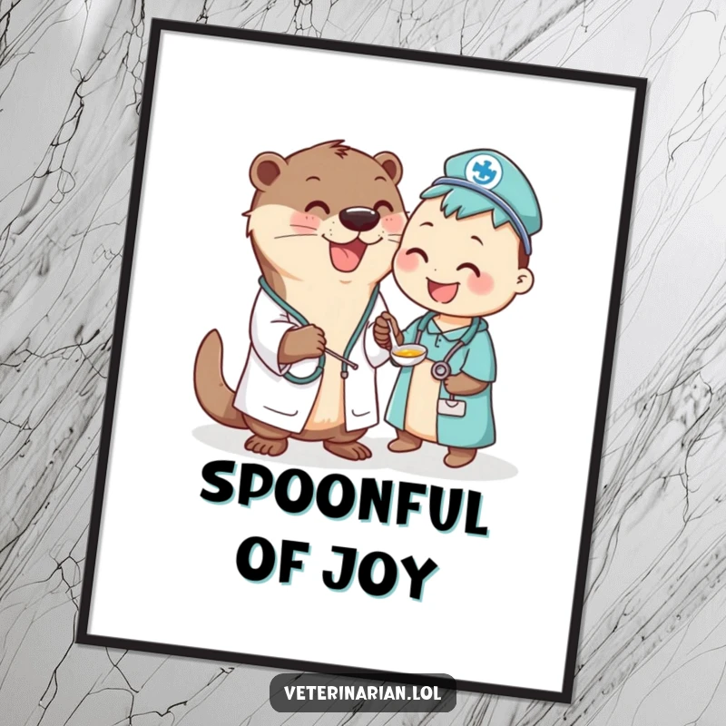Funny Otter Vet Poster: Cheerful otter vet character happily spoon-feeds liquid medicine to a contented animal patient for wall art.