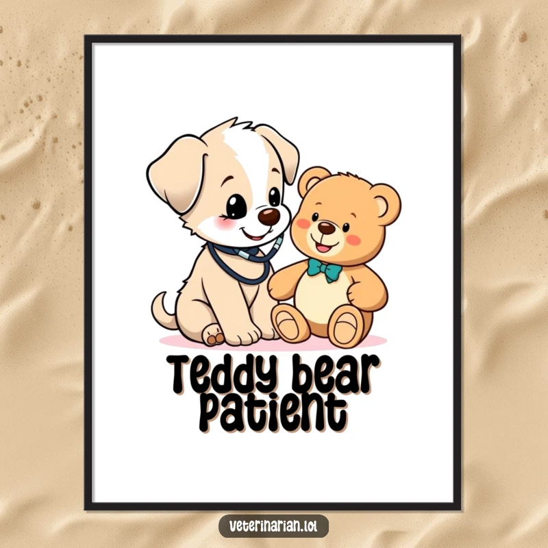 Funny cute puppy vet poster, a puppy in a stethoscope examines a teddy bear, radiating charm, humor, and a desire to heal.