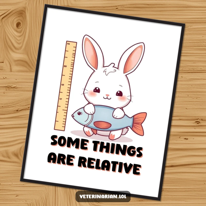Funny rabbit fish measure poster showing a gentle rabbit carefully measuring a fish with a ruler, perfect for spreading natural humor.