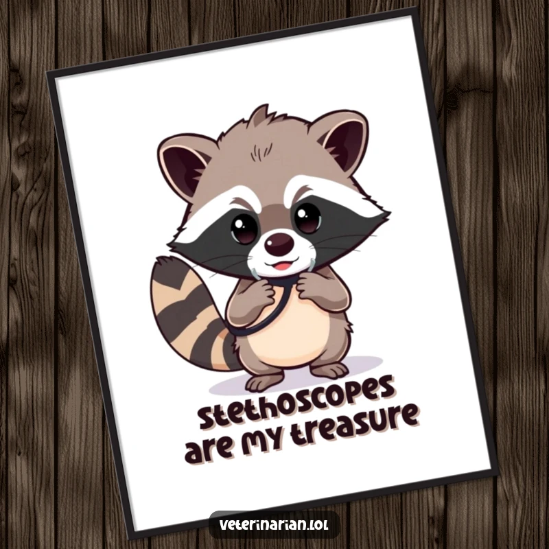 Funny raccoon doctor poster, a determined raccoon polishing a stethoscope with a focused gaze, motivational wall art.