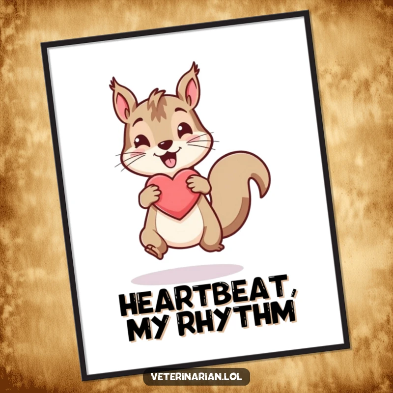 Funny poster displaying an energetic squirrel vigorously bouncing a healthy, shining heart icon.