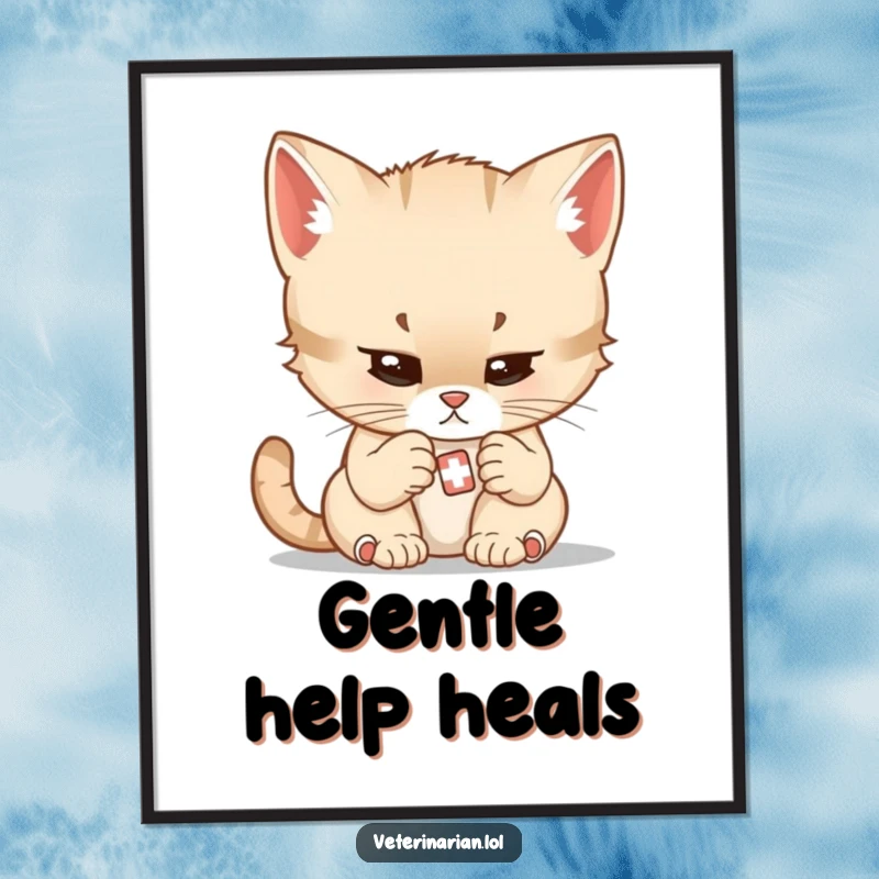 Funny art poster of a determined cartoon kitten doctor meticulously examining a very small bandage with gentle focus.