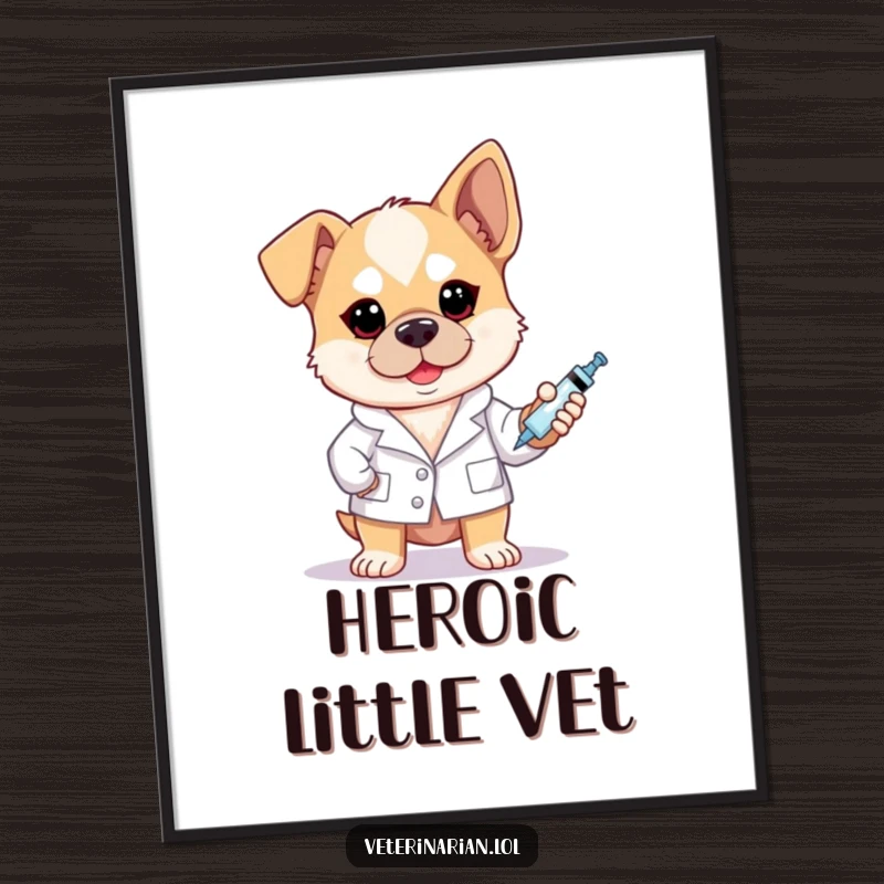 Funny brave dog vet poster depicting a dog in a white coat holding a syringe with a determined look.
